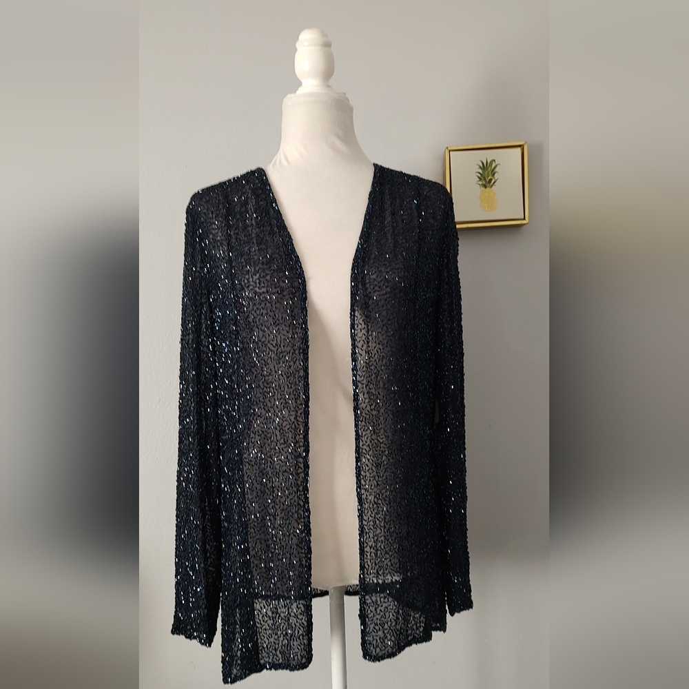 Vintage Hand Made Cardigan Soft Sheer color Navy Blue canutillo Open Front